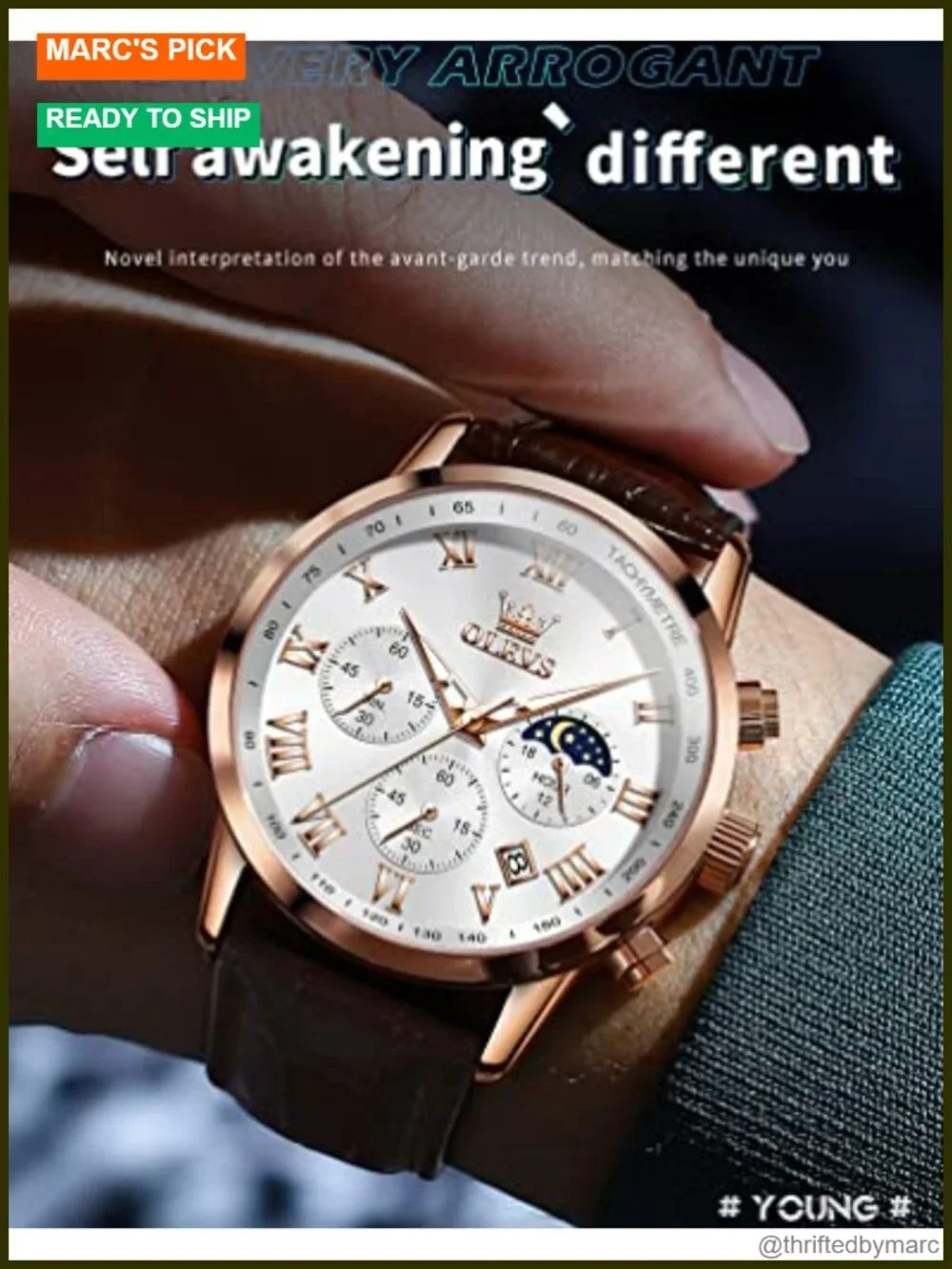 Mens Chronograph Leather Analog Quartz Wrist Watch Luminous Moon Phase Date